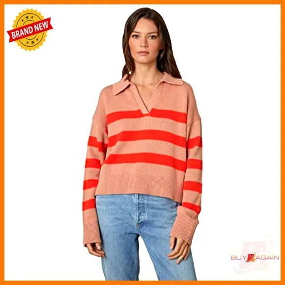 Cotton Cashmere Striped Polo Sweater Drop Shoulder Split Neck Classic Preppy